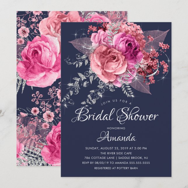 Invitación Moderna ducha de novia floral rosa y plateada de l (Anverso / Reverso)