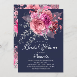 Invitación Moderna ducha de novia floral rosa y plateada de l
