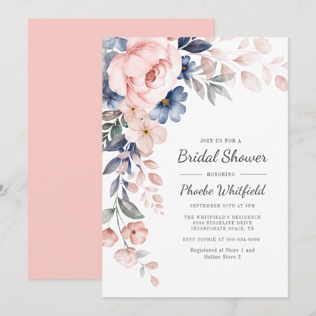 Invitación Moderna ducha de novia floral rústica rosa azul ro (Anverso / Reverso)