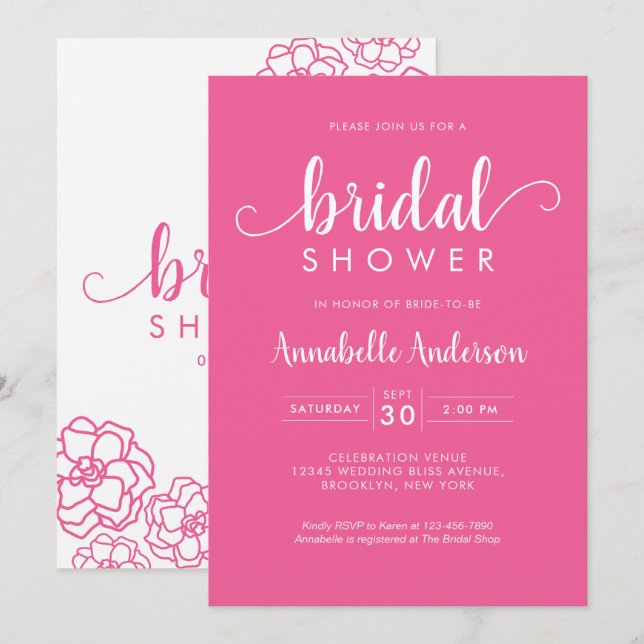 Invitación Moderna ducha de novia guión floral magenta rosa (Anverso / Reverso)