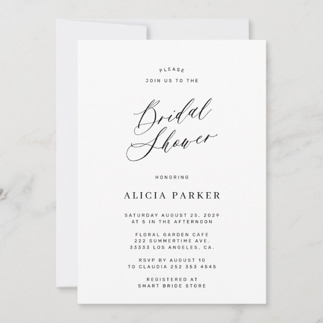 Invitación Moderna ducha de novia minimalista caligrafía (Anverso)