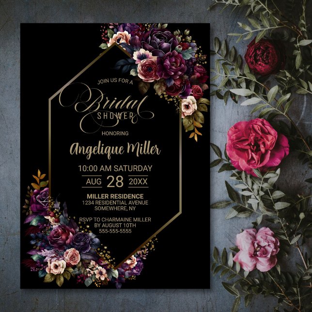 Invitación Moderna ducha de novia morada borgoñona floral neg (Subido por el creador)