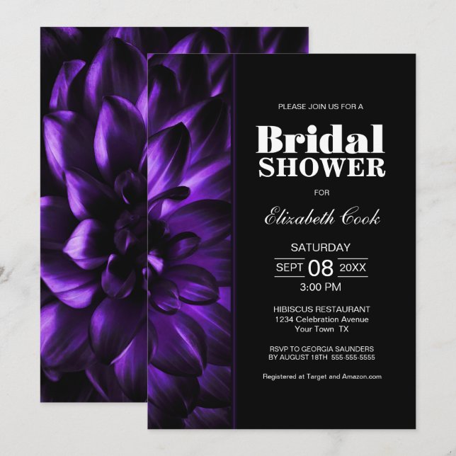 Invitación Moderna ducha de novia morada negra floral (Anverso / Reverso)