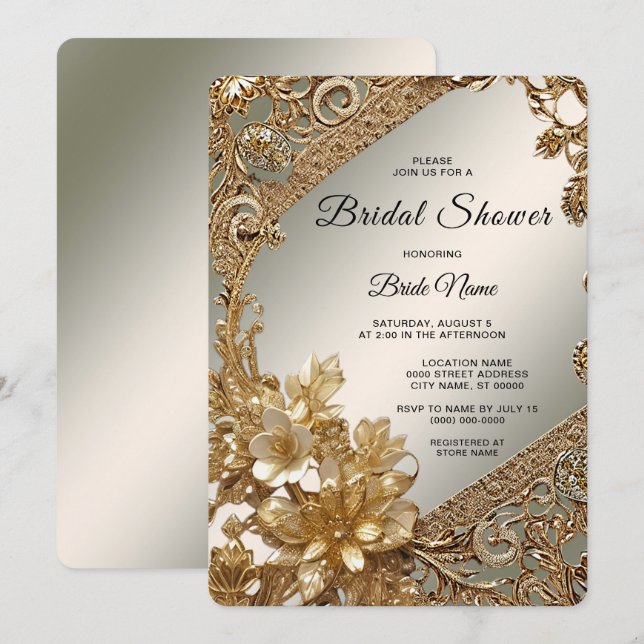 Invitación Moderna ducha de novia ornada dorada (Anverso / Reverso)