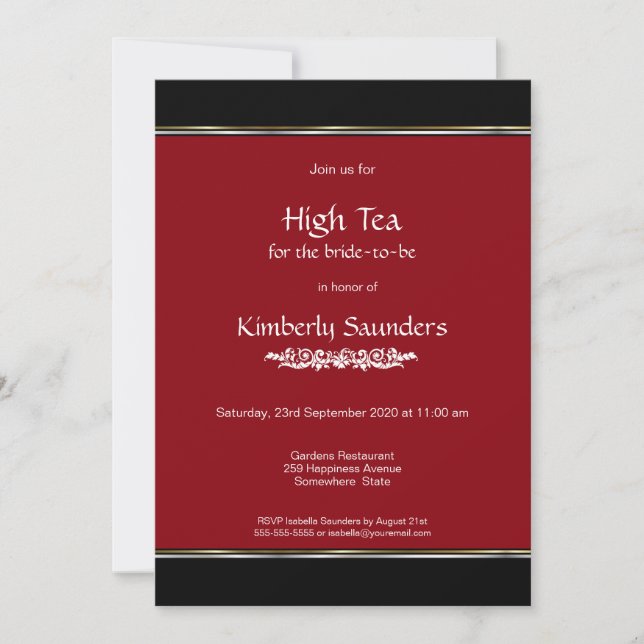 Invitación Moderna ducha de novia roja alta de té (Anverso)