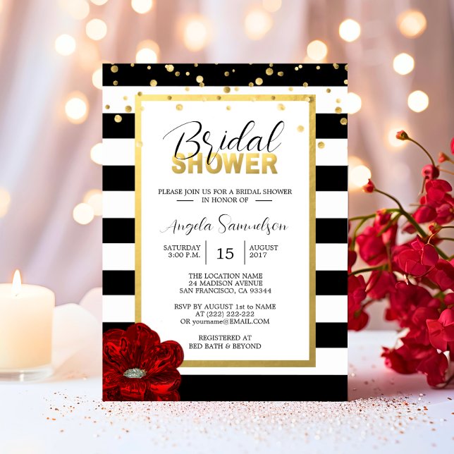 Invitación Moderna ducha de novia rosa blanca y negra dorada (Modern Gold Black White RED Rose Bridal Shower Invitation)