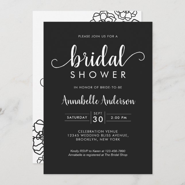 Invitación Moderna ducha de novia Script Floral Classic Negro (Anverso / Reverso)