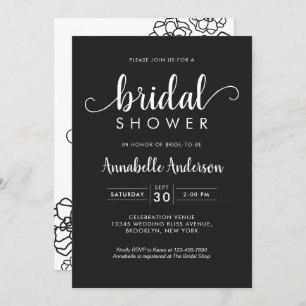 Invitación Moderna ducha de novia Script Floral Classic Negro