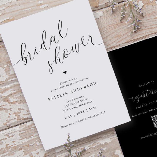 Invitación Moderna ducha de novia simple (Modern Bridal Shower Invitations - Black and White Calligraphy - Registry on Back)