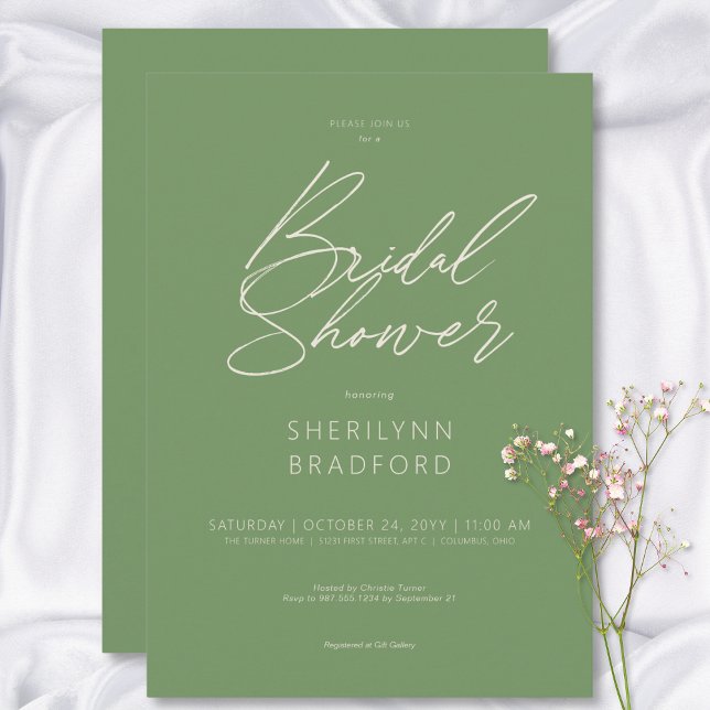 Invitación Moderna ducha de novia verde de salvia mínima (Modern Minimal Sage Green Bridal Shower Invitation)