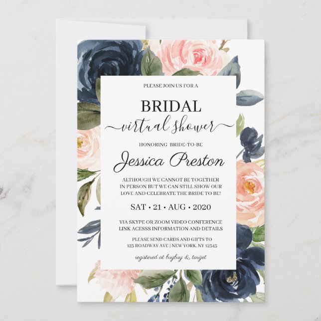 Invitación Moderna ducha de novia virtual floral de la marina (Anverso)