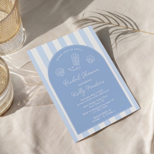 Invitación Moderna ducha de novias azul y blanca en la costa (Simple uncomplicated blue and white Coastal Cowgirl theme bridal shower invite template)