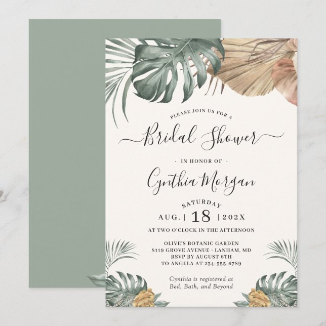 Invitación Moderna ducha de novias Boho Tropical Monstera Lea (Anverso / Reverso)