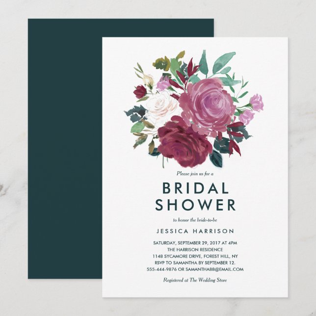 Invitación Moderna ducha de novias con buquet floral pintado  (Anverso / Reverso)