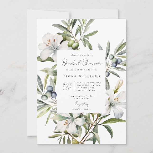 Invitación Moderna ducha de novias con flores de oliva (Anverso)