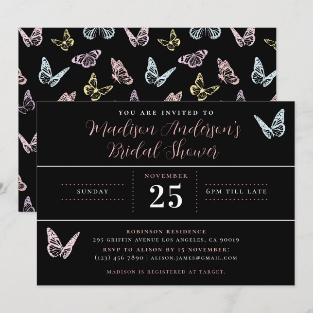 Invitación Moderna ducha de novias con imprenta de mariposa n (Anverso / Reverso)