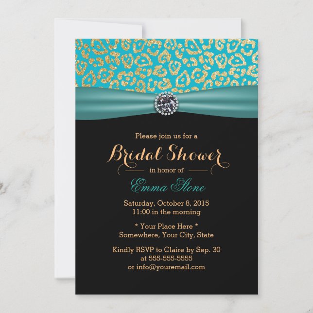 Invitación Moderna ducha de novias con leopardo Verde azulado (Anverso)