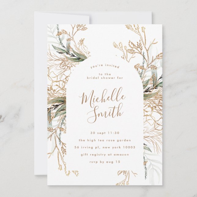 Invitación Moderna ducha de novias de Boho Eucalyptus de Oro  (Anverso)