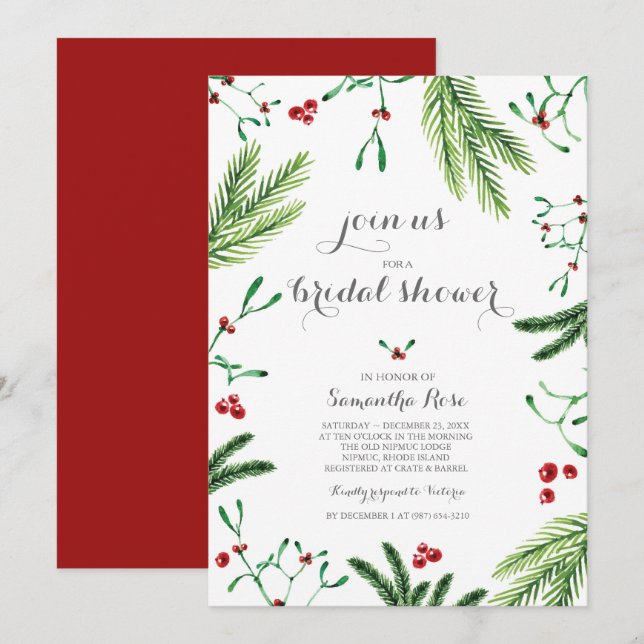 Invitación Moderna ducha de novias de Navidades rojos y verde (Anverso / Reverso)