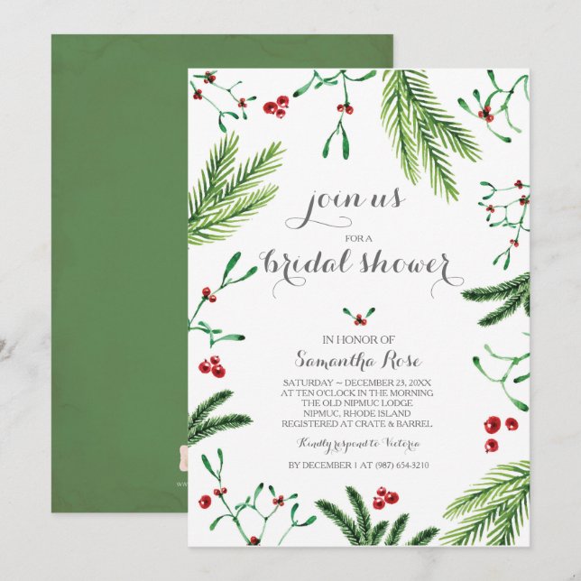 Invitación Moderna ducha de novias de Navidades rojos y verde (Anverso / Reverso)