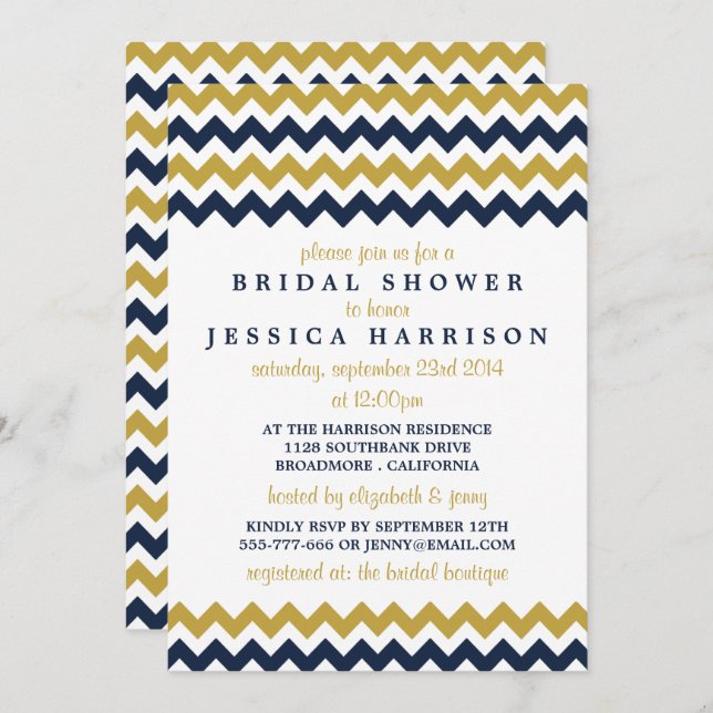Invitación Moderna ducha de novias de Navy & Gold Chevron (Anverso / Reverso)