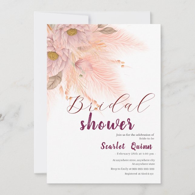 Invitación Moderna ducha de novias de pampas rosa y rosa (Anverso)