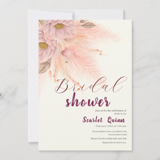 Invitación Moderna ducha de novias de pampas rosa y rosa (Anverso)