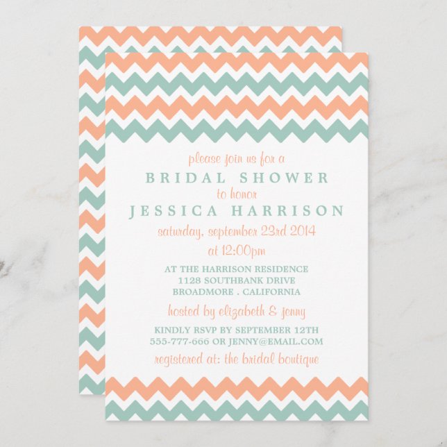 Invitación Moderna ducha de novias de Peach & Mint Chevron (Anverso / Reverso)