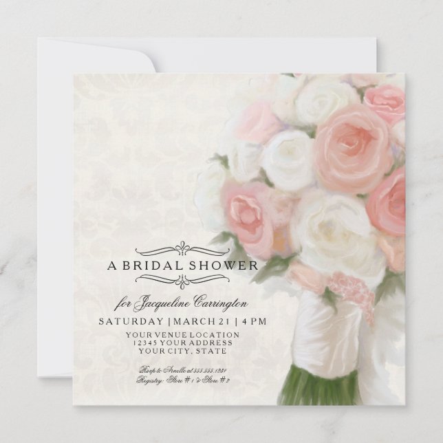 Invitación Moderna Ducha De Novias Florales Elegante Damasco  (Anverso)