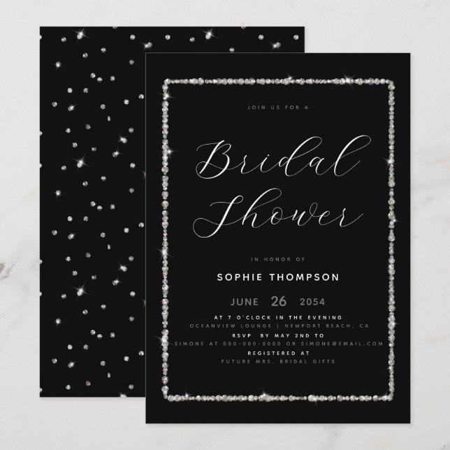 Invitación Moderna ducha de Purpurina con marco de resplandor (Anverso / Reverso)