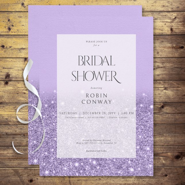 Invitación Moderna ducha de Purpurina de cristal de lavanda (Modern Lavender Glam Glitter Bridal Shower Invitation)