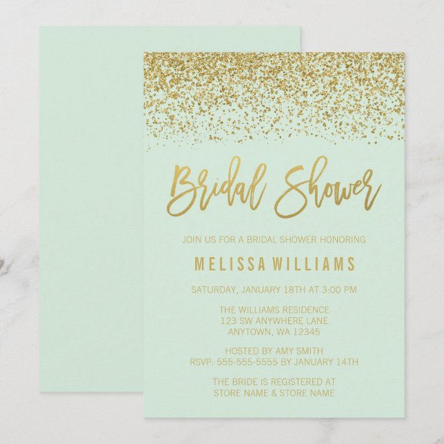 Invitación Moderna ducha de Purpurina de novias Mint Green Fa (Anverso / Reverso)
