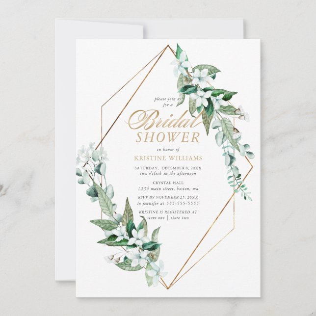 Invitación Moderna ducha dorada con flores blancas (Anverso)