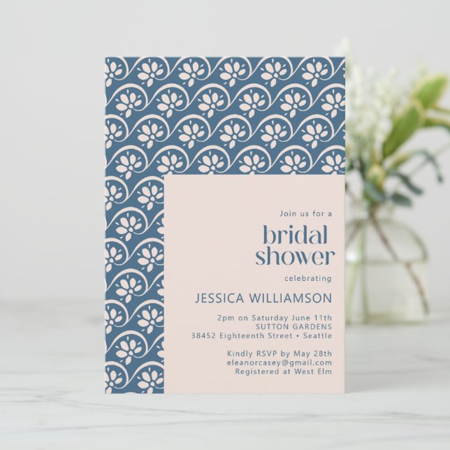 Invitación Moderna ducha escandinava azul floral nudista (Anverso de pie)