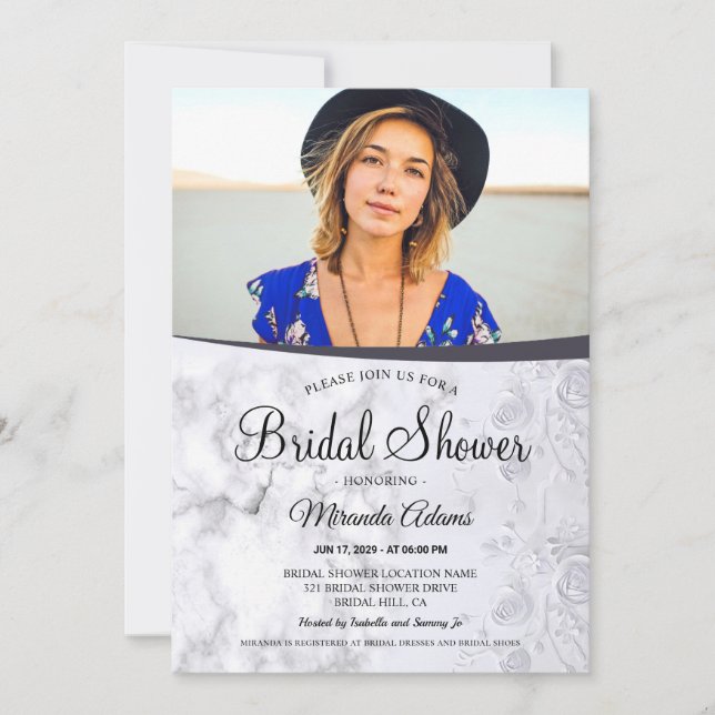Invitación Moderna ducha marble blanco floral (Anverso)