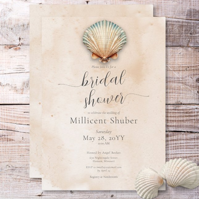 Invitación Moderna ducha mareal costera (Modern Coastal Seashell Sand Bridal Shower Invitation)