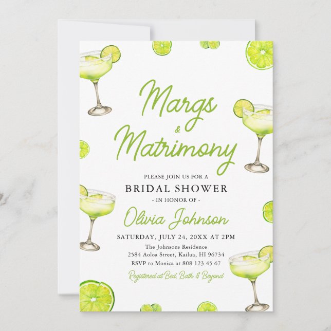 Invitación Moderna ducha margs & marrimony de cóctel de novia (Anverso)