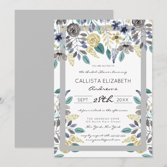 Invitación Moderna ducha marrón amarilla floral floral de col (Anverso / Reverso)