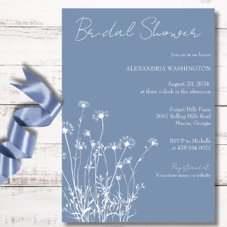 Invitación Moderna ducha marrón azul y blanca de flores silve