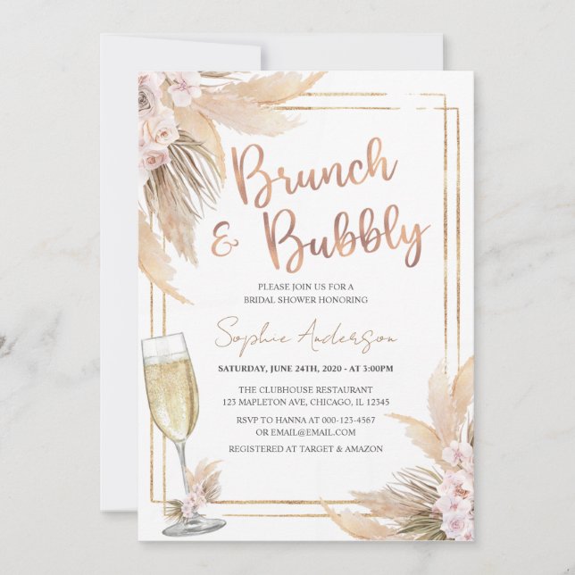 Invitación Moderna ducha marrón bohemias de oro pampas (Anverso)