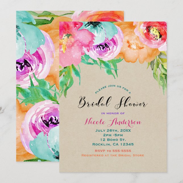 Invitación Moderna ducha marrón floral brillante Kraft Bridal (Anverso / Reverso)