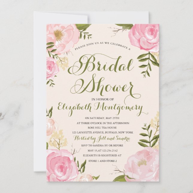 Invitación Moderna ducha marrón rosa y floral verde (Anverso)