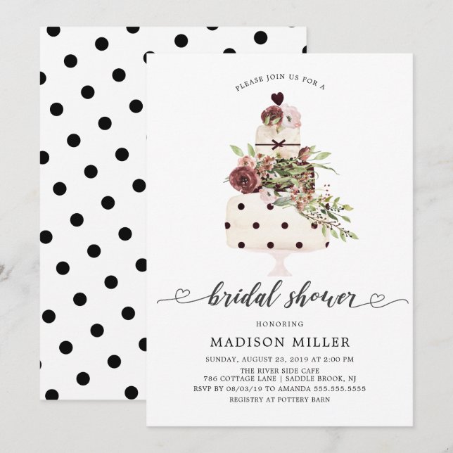 Invitación Moderna ducha marsala Rubor Floral Cake Bridal (Anverso / Reverso)
