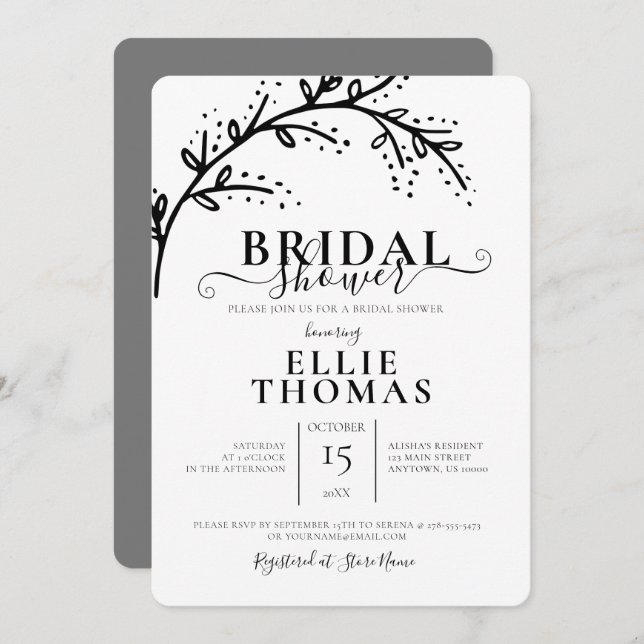Invitación Moderna Ducha Mínima Bridal Blanco y Negro (Anverso / Reverso)