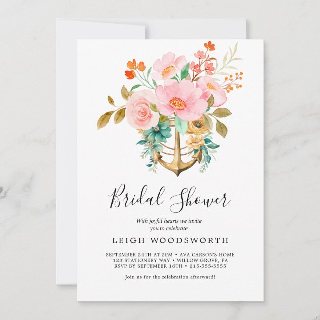 Invitación Moderna ducha Nautical Floral Anchor Bridal (Anverso)