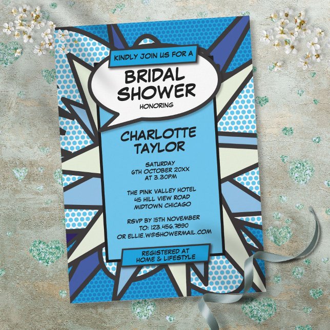 Invitación Moderna ducha nupcial cómica libro de historietas  (Modern Bridal Shower Comic Book Blue Fun Invitation)
