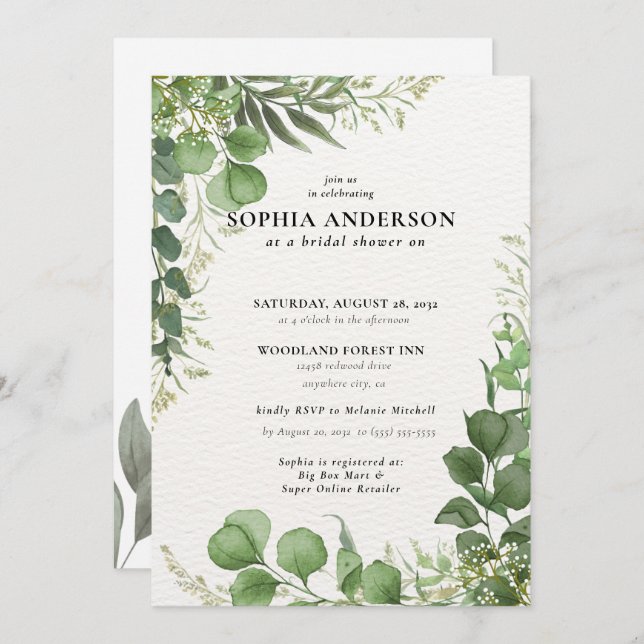 Invitación Moderna ducha nupcial Eucalyptus Boho Botánico (Anverso / Reverso)