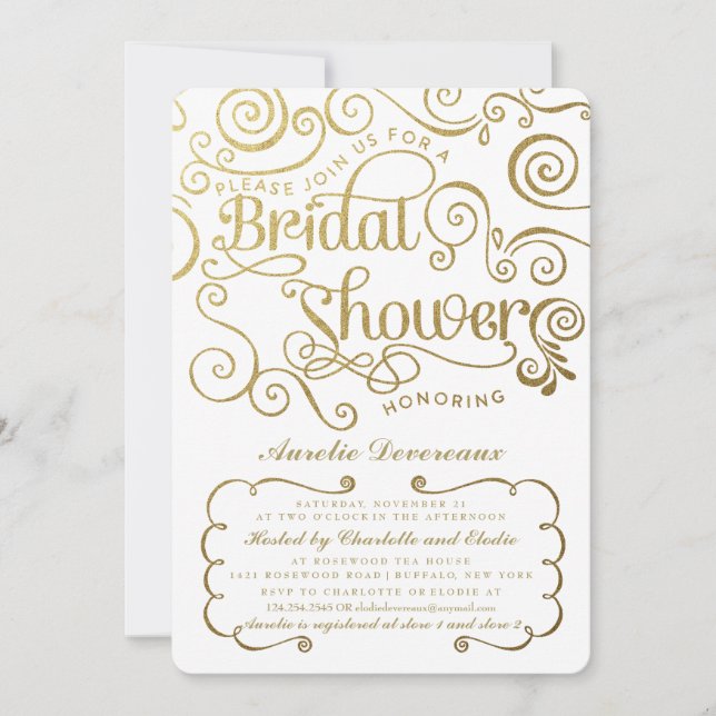 Invitación Moderna ducha nupcial Fancy Gold Swirls Bridal (Anverso)