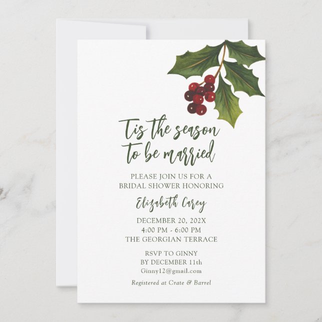 Invitación Moderna ducha nupcial Mistletoe | Navidades Holly (Anverso)