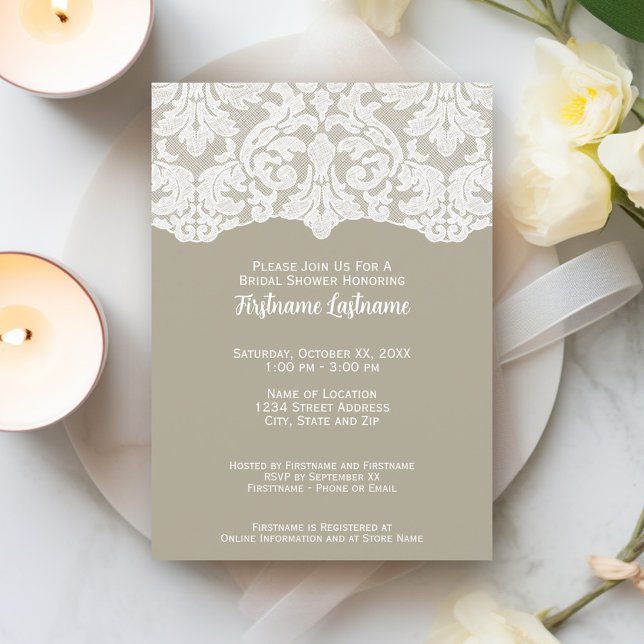 Invitación Moderna ducha nupcial o fiesta de compromiso (Bridal Shower Invitation - taupe and white lace print)